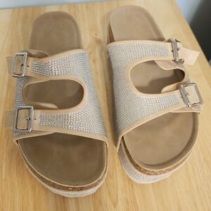 Forever 21 Beige Rhinestone Double-Buckle Slide Sandals